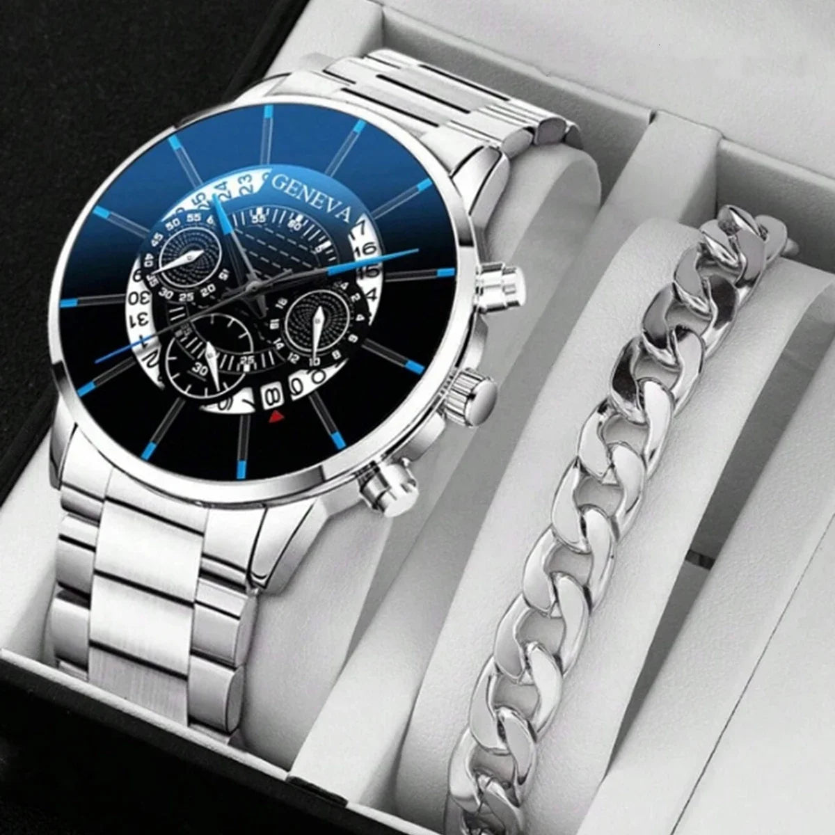 2pcs Luxury Men Business Watch Stainless Steel Calendar Big Dial