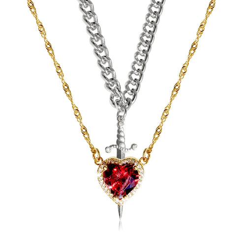 LATS 2pcs Can Be Assembled Heart and Sword Zircon Pendant Necklace for