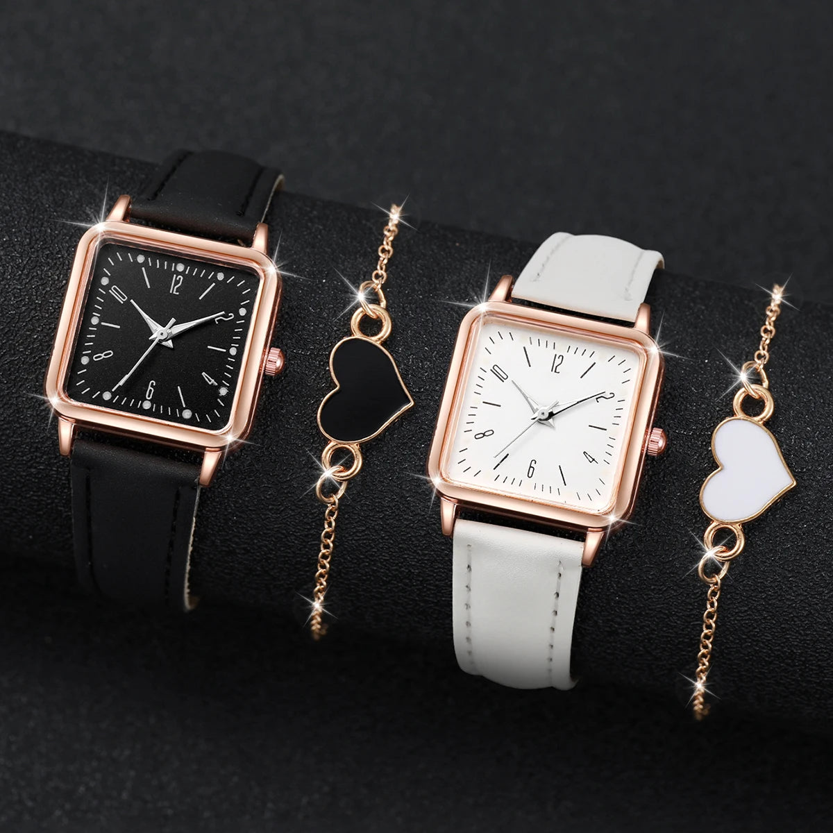 2PCS/Set Fashion Square Women's Watch Leather Band Quartz Watches