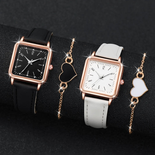 2PCS/Set Fashion Square Women's Watch Leather Band Quartz Watches