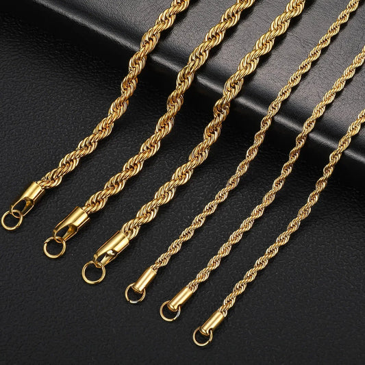 2-6MM Gold Color Twisted Rope Chain Necklace Stainless Steel Never