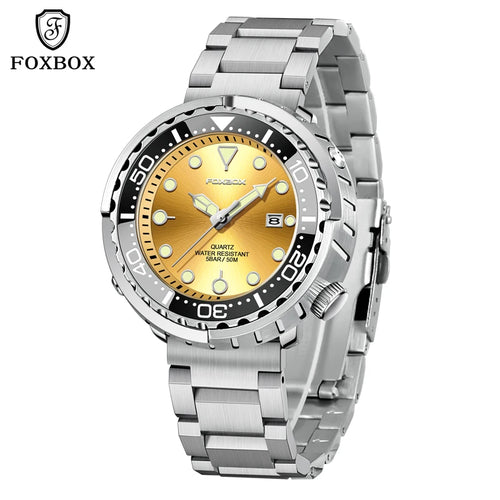 FOXBOX  Top Brand Fashion Diver Watch Men 50ATM Waterproof Date Clock