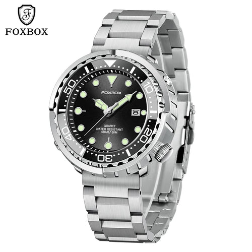 FOXBOX  Top Brand Fashion Diver Watch Men 50ATM Waterproof Date Clock