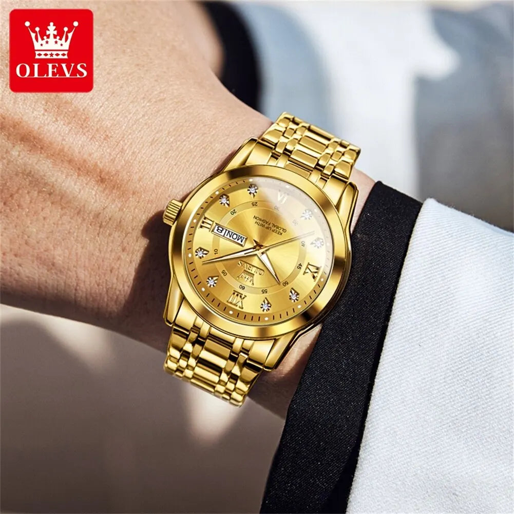 OLEVS Quartz Watch for Men Luxury Diamonds Gold Watch Waterproof