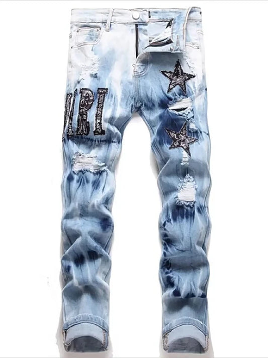 Y2K Star Embroidery Broken Hole Jeans Tie Dyed  Light Blue Cotton