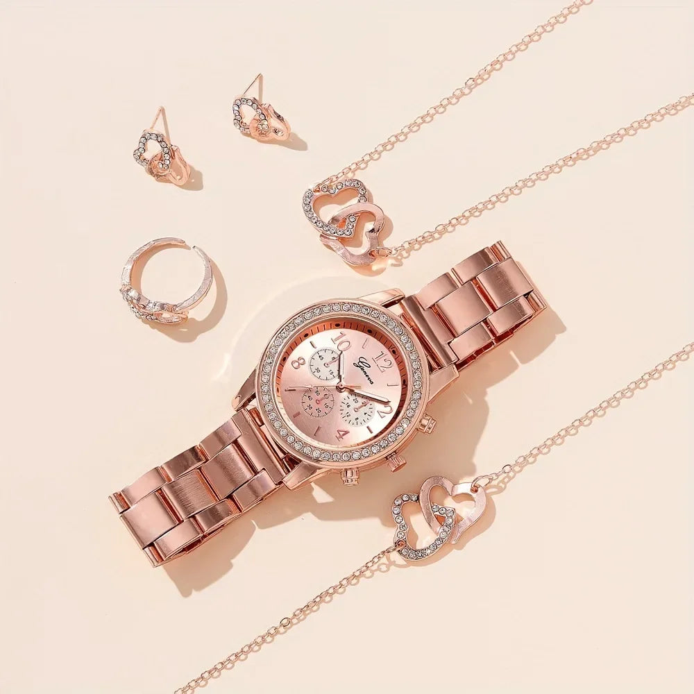 6PCS Set Rose Gold Luxury Watch Women Ring Necklace Earring Rhinestone