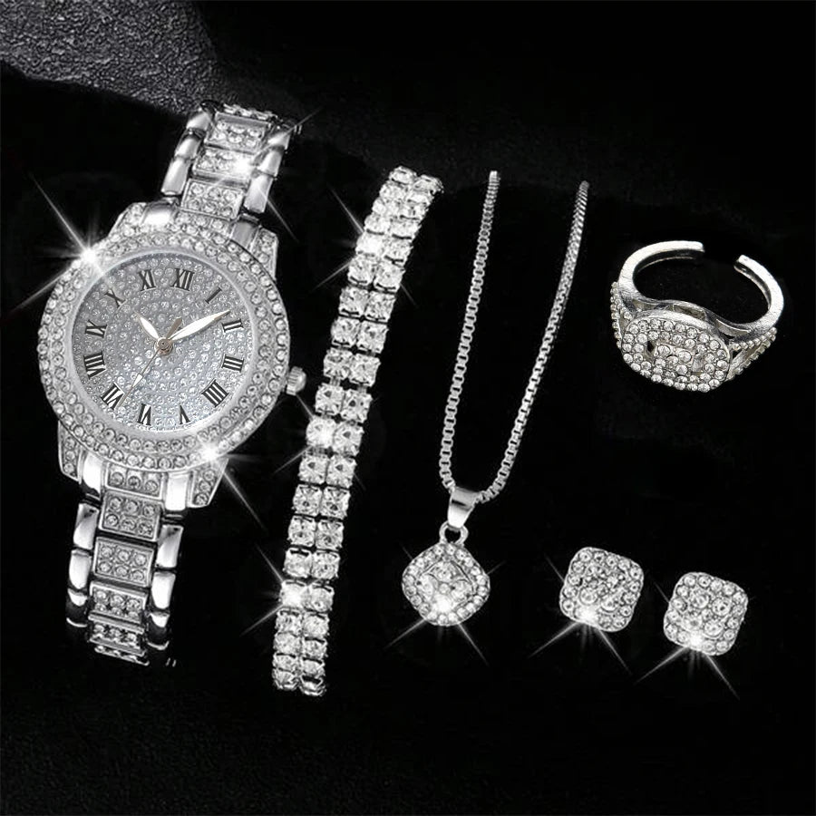 6PCS Women Watch Luxury Elegant Alloy Watch Crystal Wristwatch For