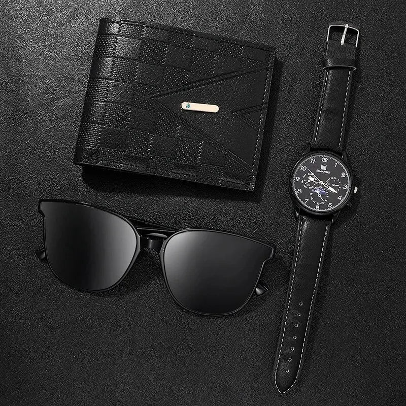 Fashion Mens Watches Wallet Glasses For Men Retro Black Bussiness