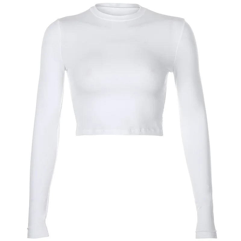 Solid Basic Long Sleeve Womens Tshirt Casual Black White Fashion Crop