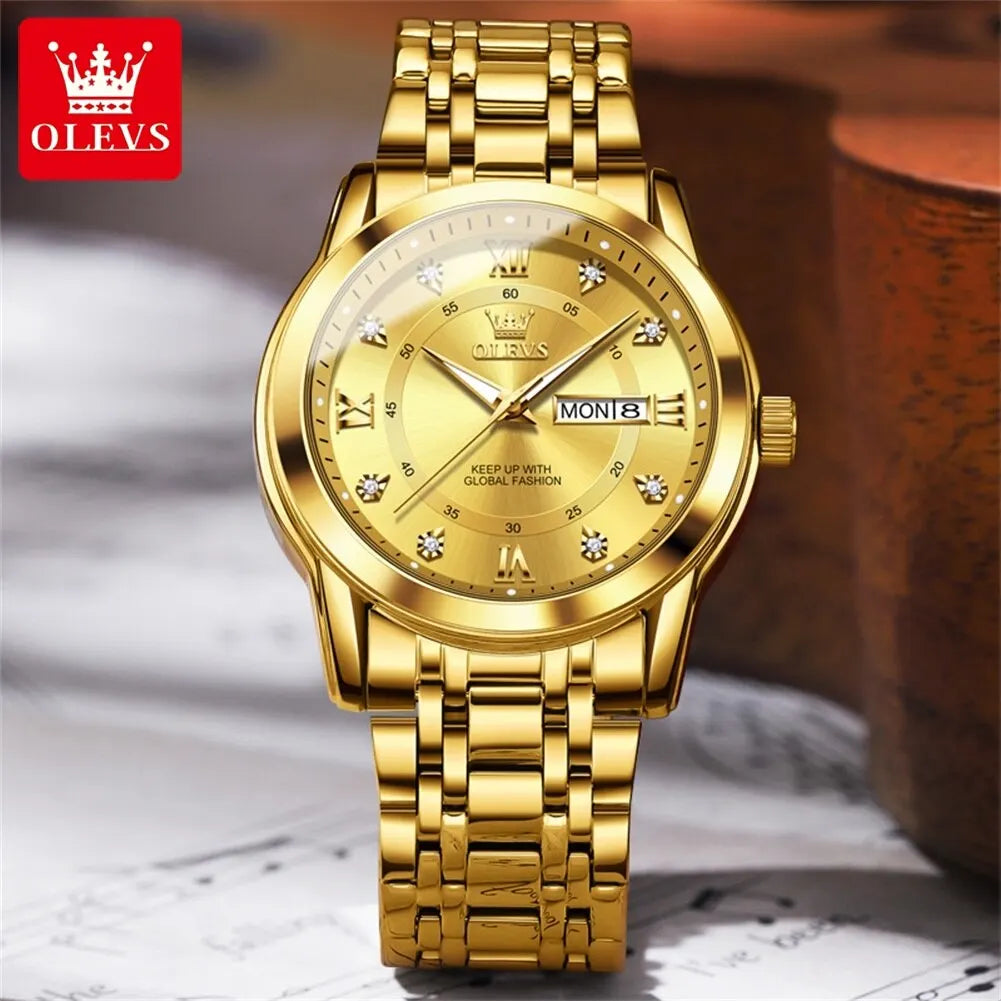 OLEVS Quartz Watch for Men Luxury Diamonds Gold Watch Waterproof