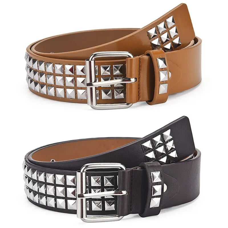 2023New Square Bead Rivet Belt Metal Pyramid Belt Men and Women Punk