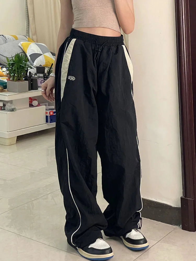 Women Spring Retro Solid Loose Drawstring Trousers Casual Joggers