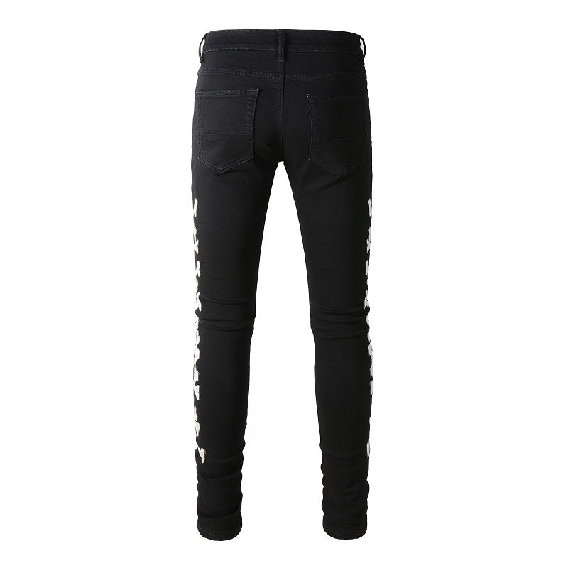 Men's Black Stretch Slim-Fit Jeans With Silver Bone Cutter