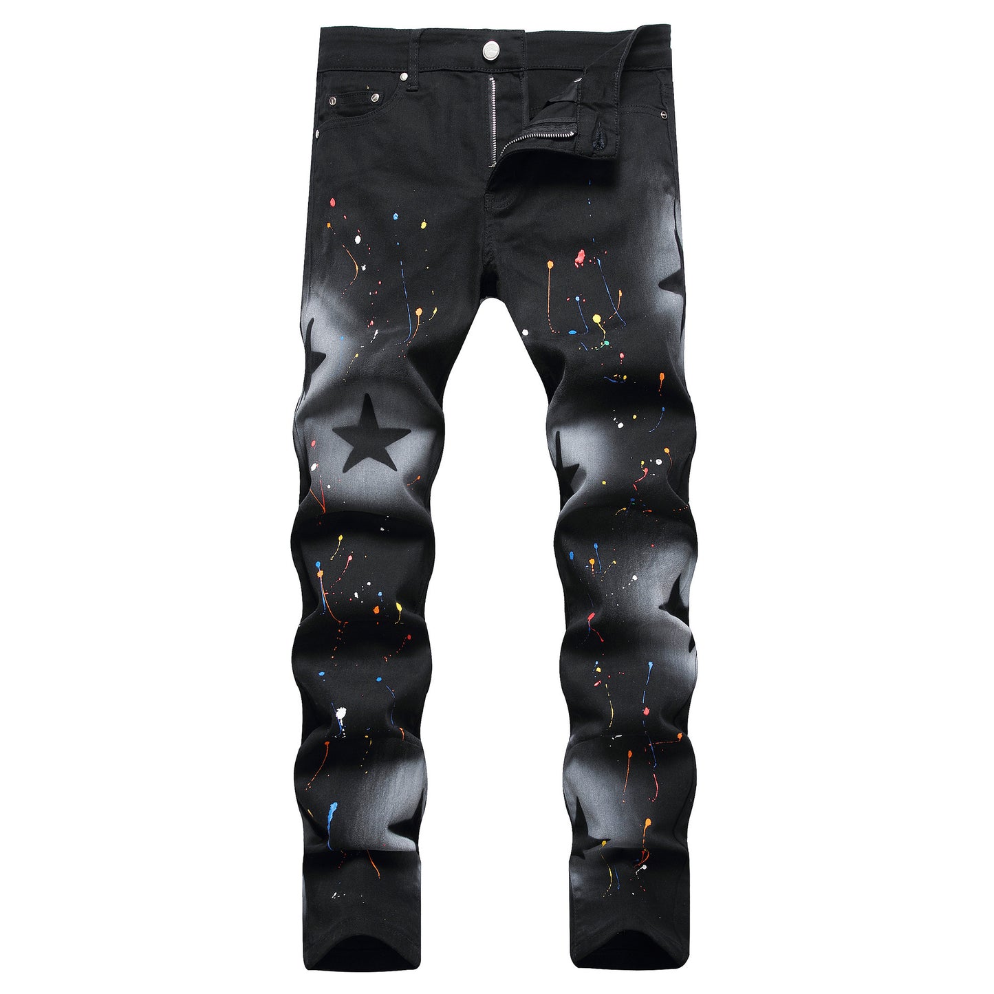 Men's Fashion Casual Cool Hand-painted Gun Spray Five-pointed Star Straight Jeans