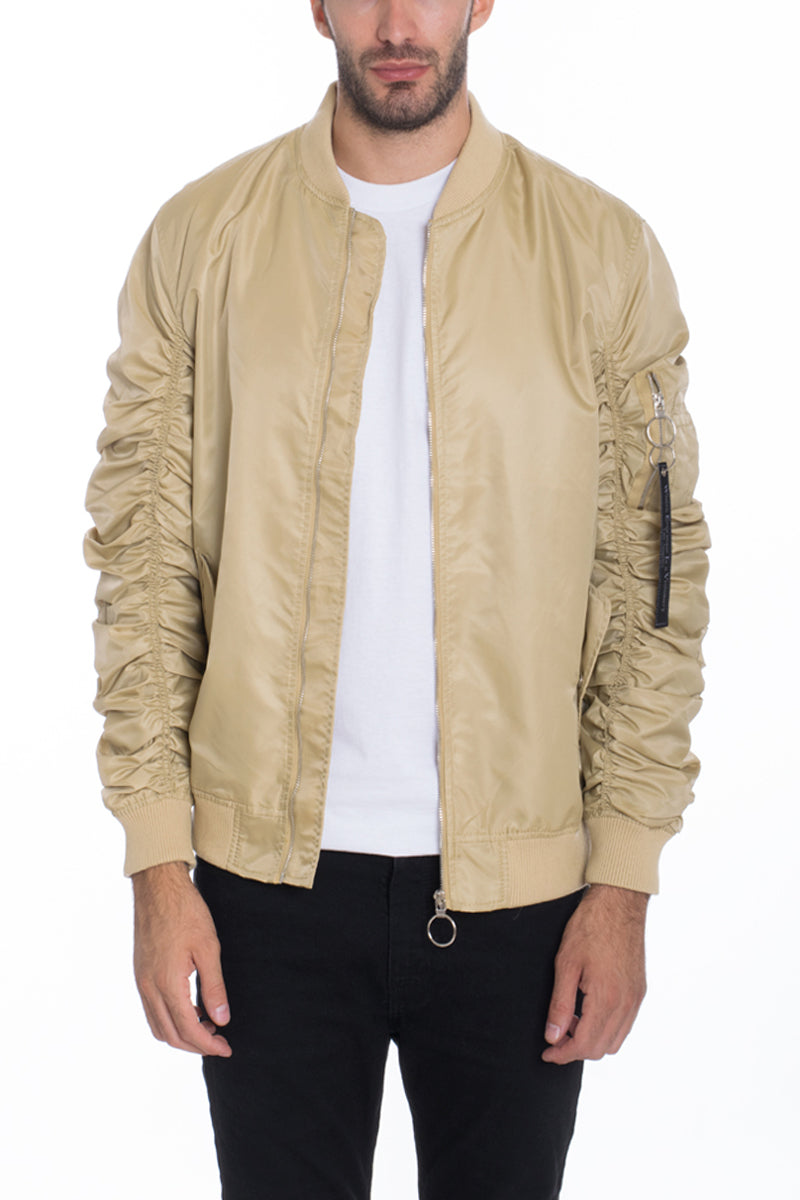 Solid Polyester Scrunched Windbreaker Bomber Jacket