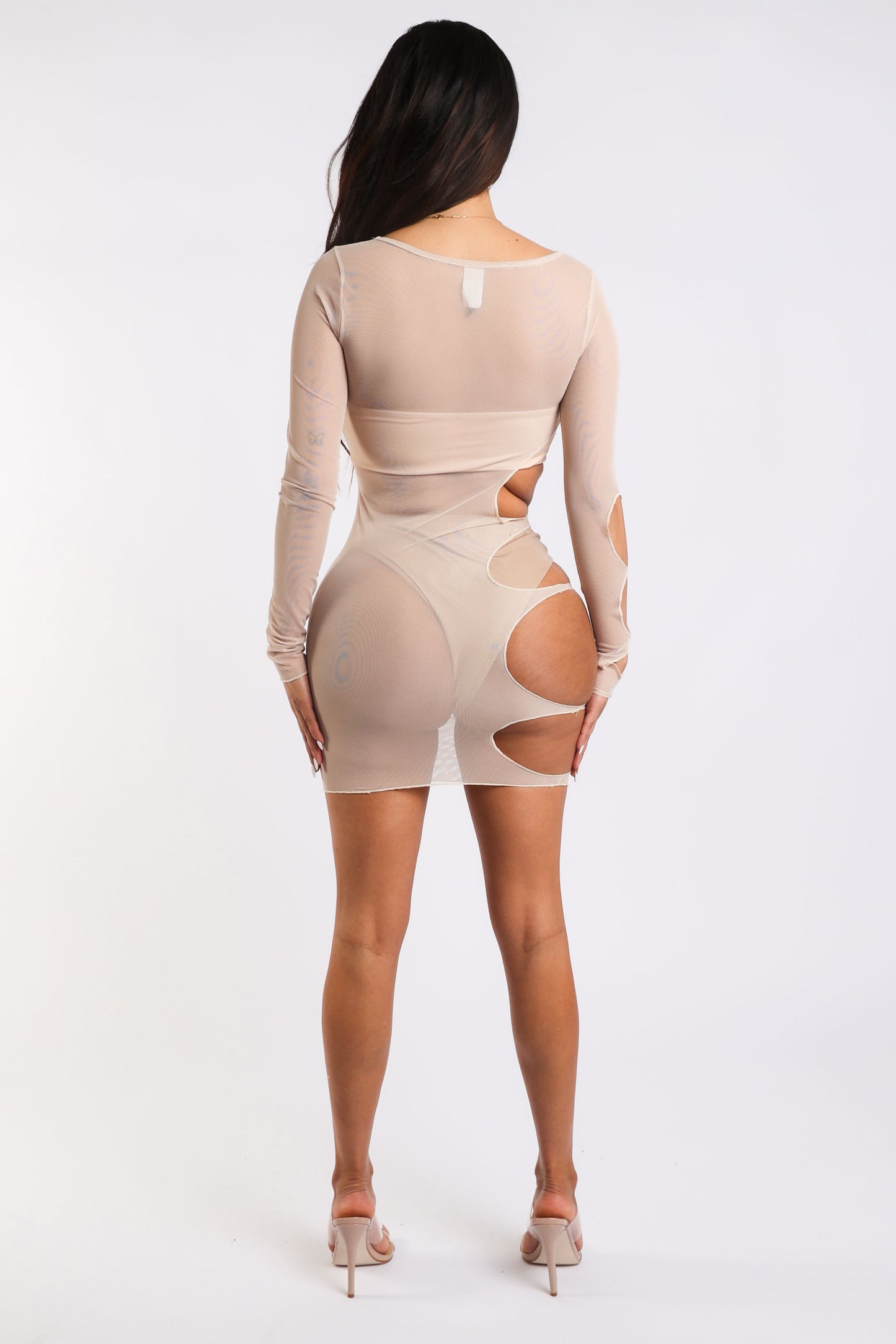 Sexy Cut Out Detailed Long Sleeve Mesh Sheer Dress NUDE