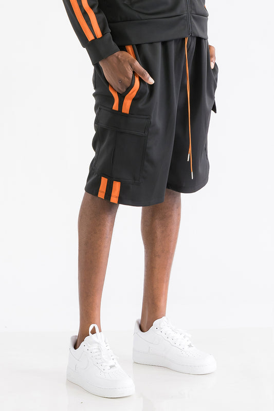 TWO STRIPE CARGO POCKET TRACK SHORTS