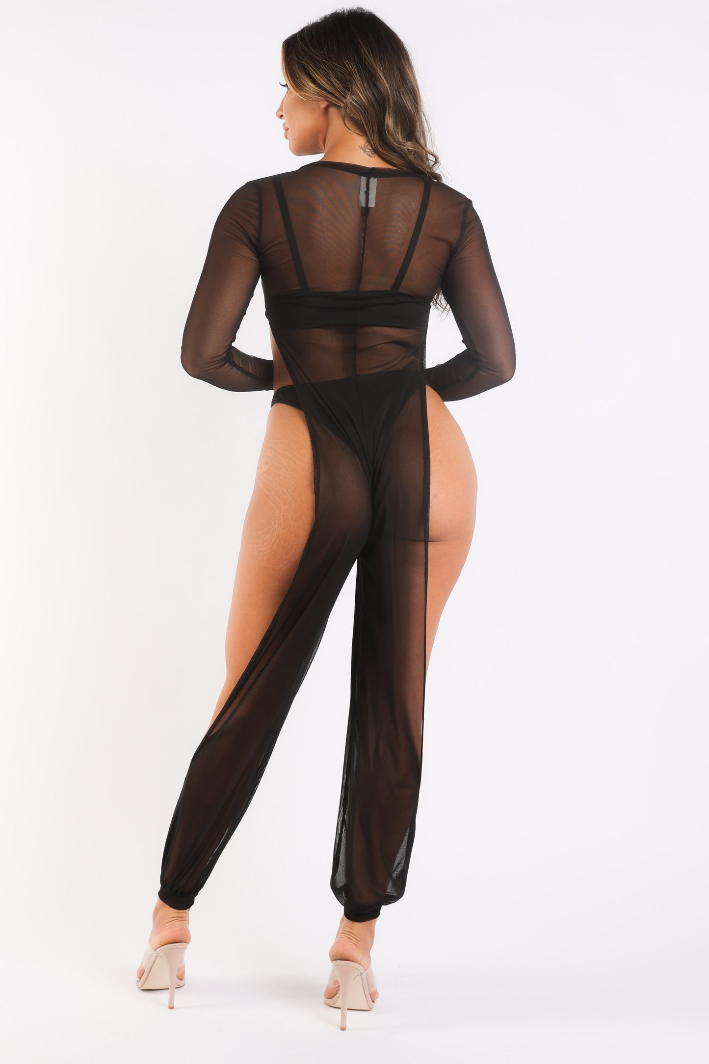 Sexy Mesh Cover Up Jumpsuit Summer Bodycon Beachwear BLACK