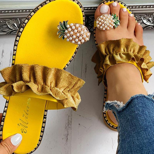 2021 Summer Beach Pineapple Flat Slippers Outside Slides Ladies Shoes