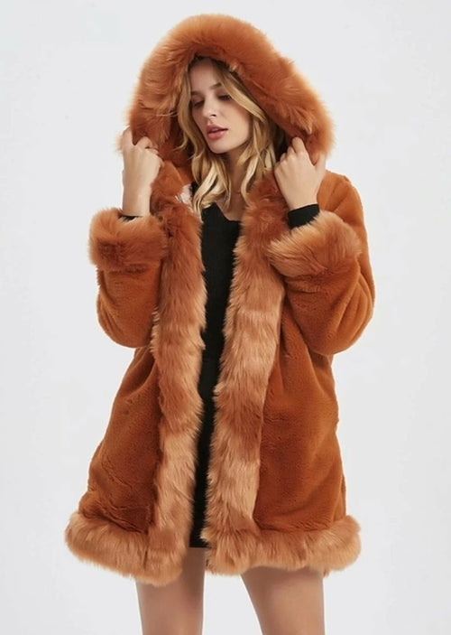 Womens Hooded Faux Fur Collar Coat